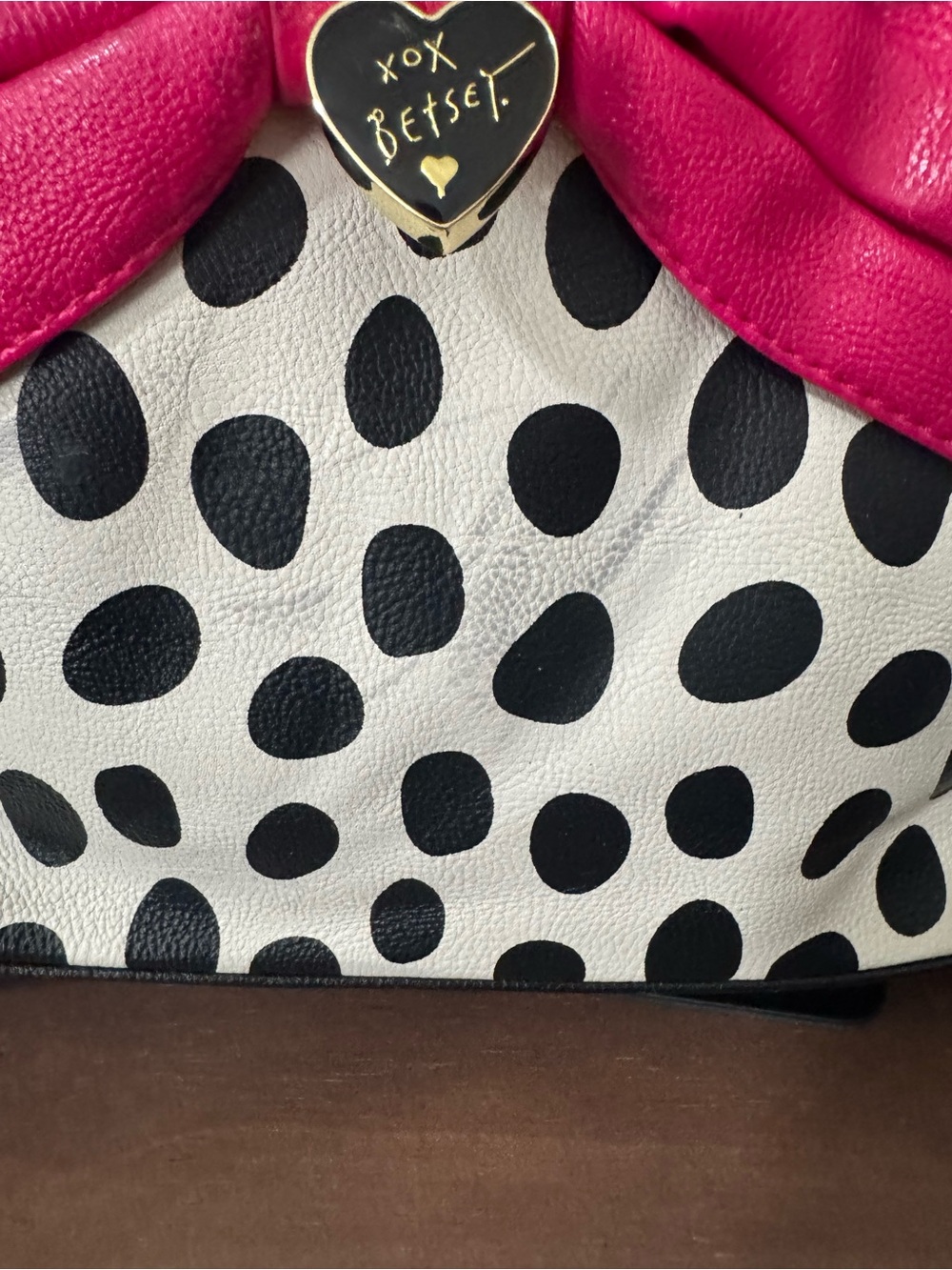 Betsey Johnson Black & White Polka Dot Tote with Hot Pink Bow - Picture 5 of 5